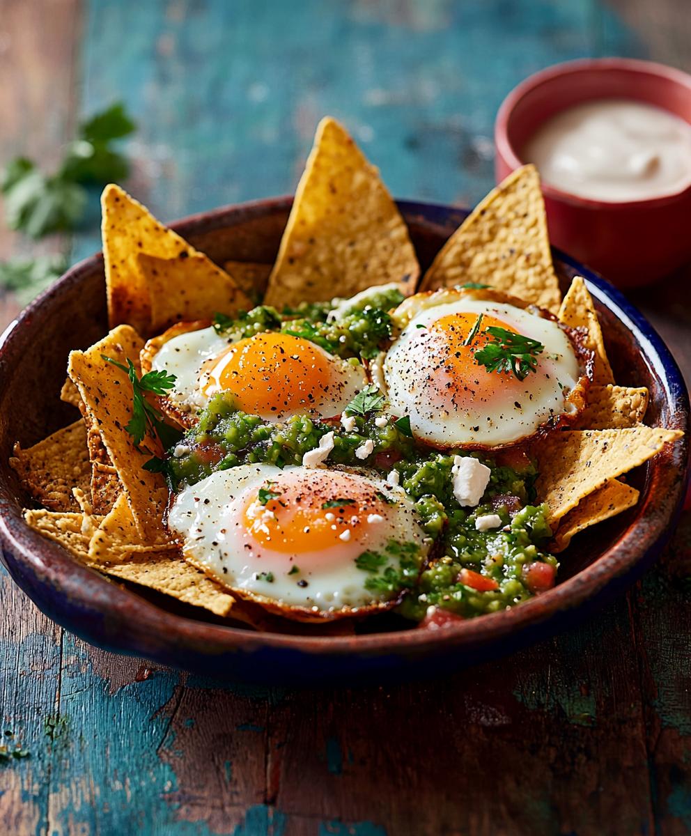 Fried eggs with green salsa