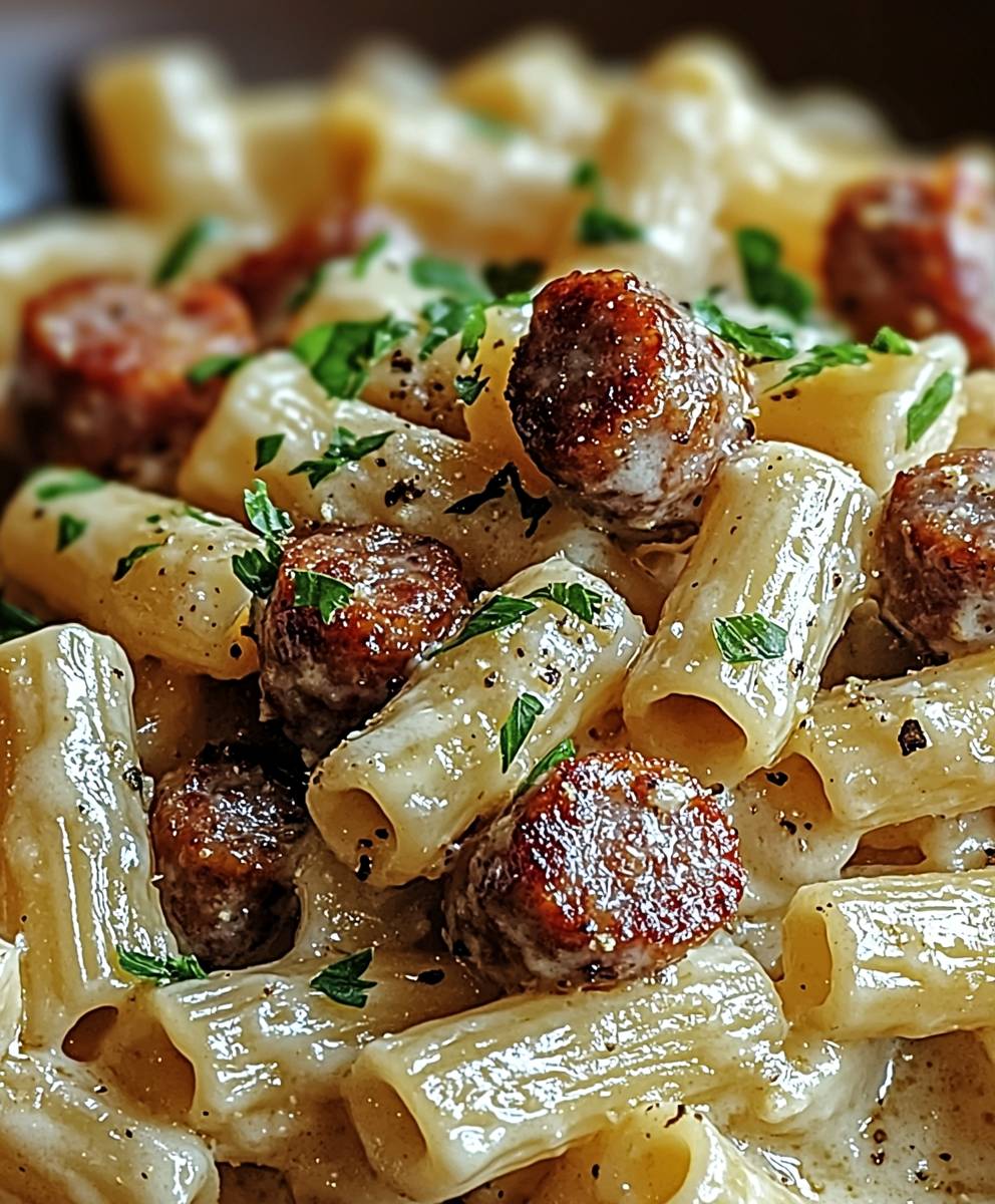Garlic Sausage Alfredo Rigatoni