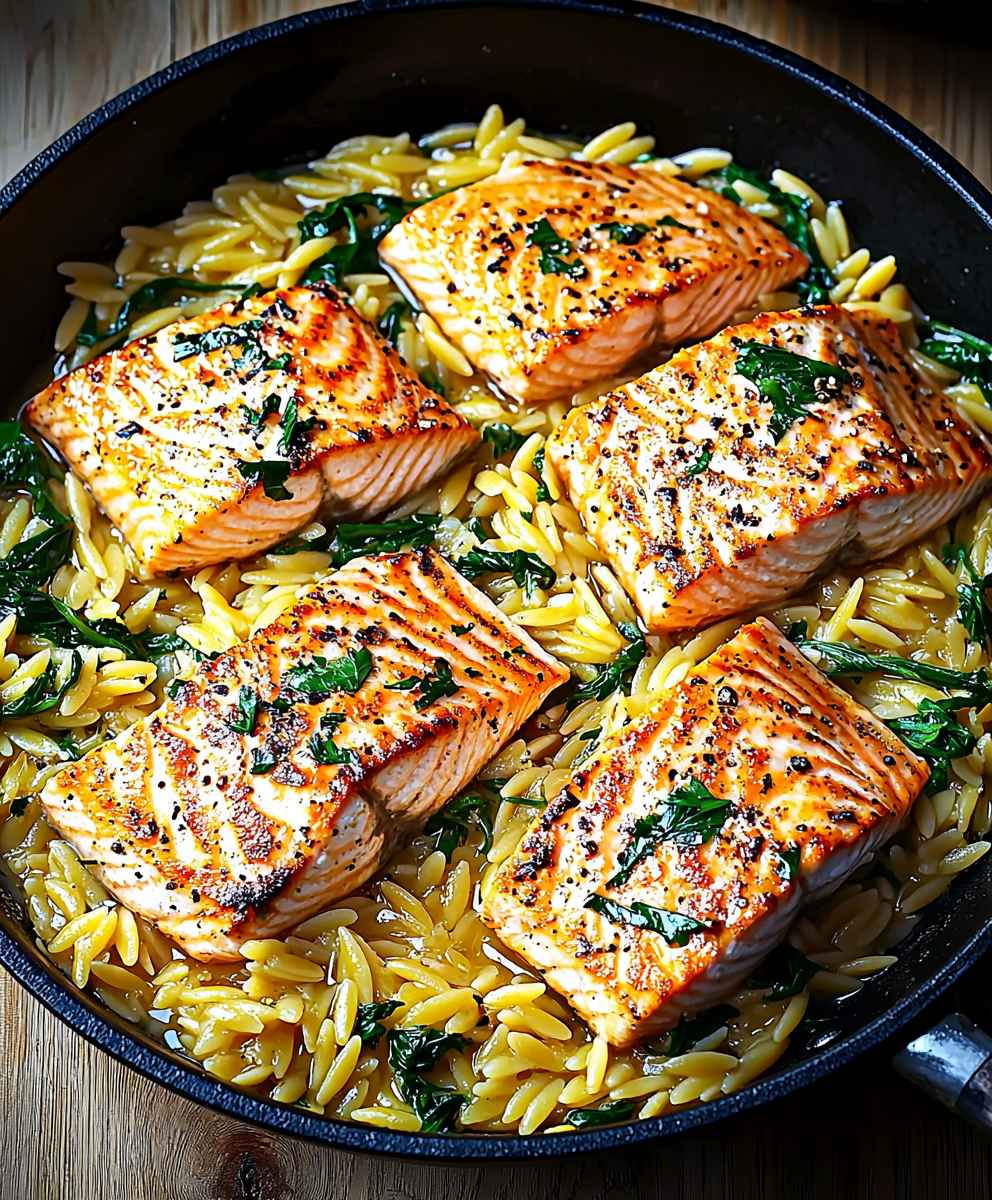 Lemon Salmon Orzo Skillet