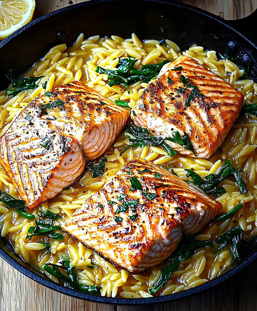 Lemon Salmon Orzo Skillet