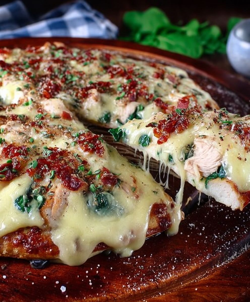 Gouda spinach chicken pizza