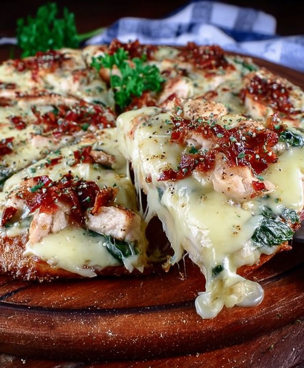 Gouda spinach chicken pizza