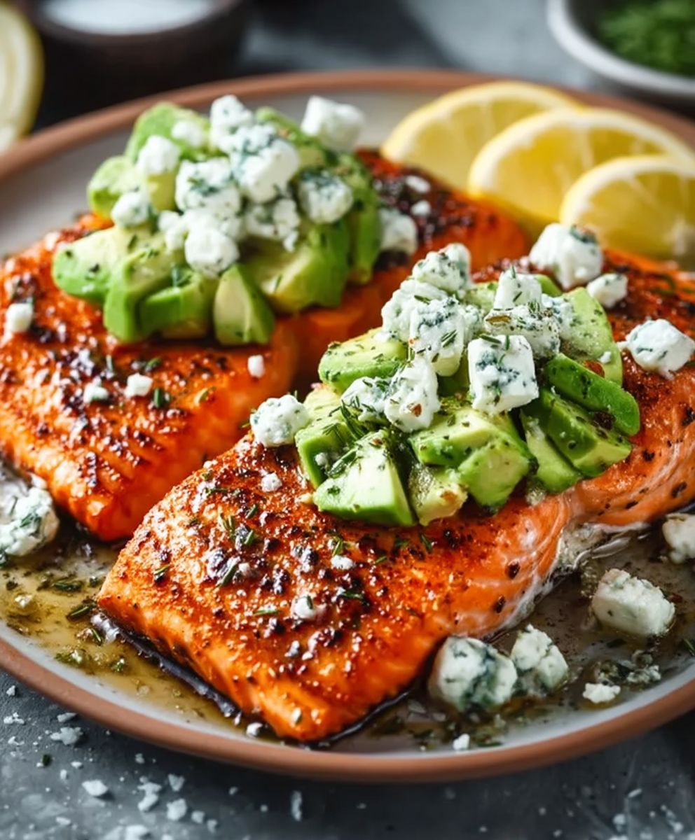 Baked Salmon Avocado Feta