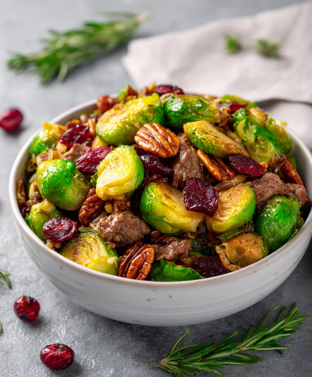 Brussels Sprouts Beef Bacon with Pecans & Cranberries