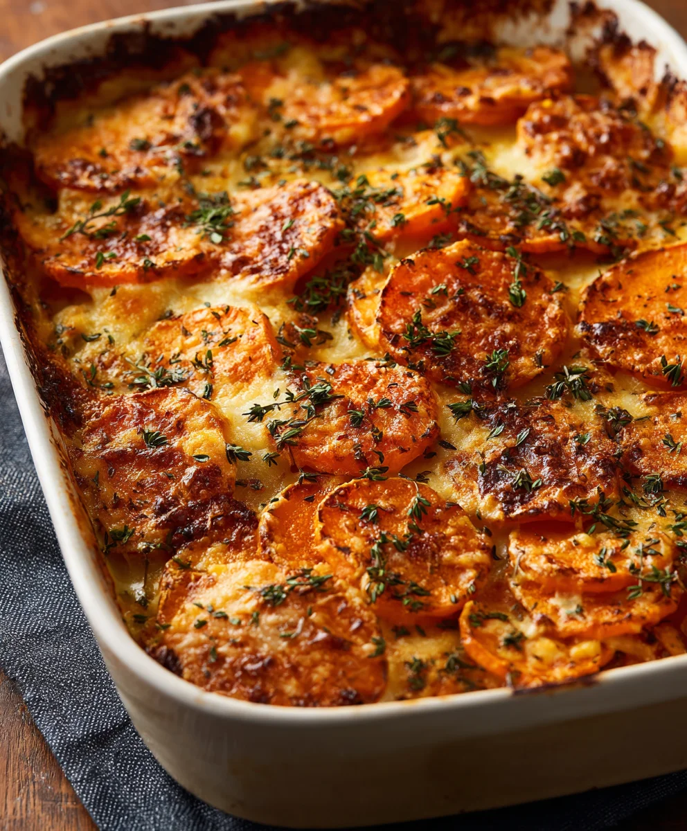 Creamy Chipotle Gouda Scalloped Sweet Potatoes Bake