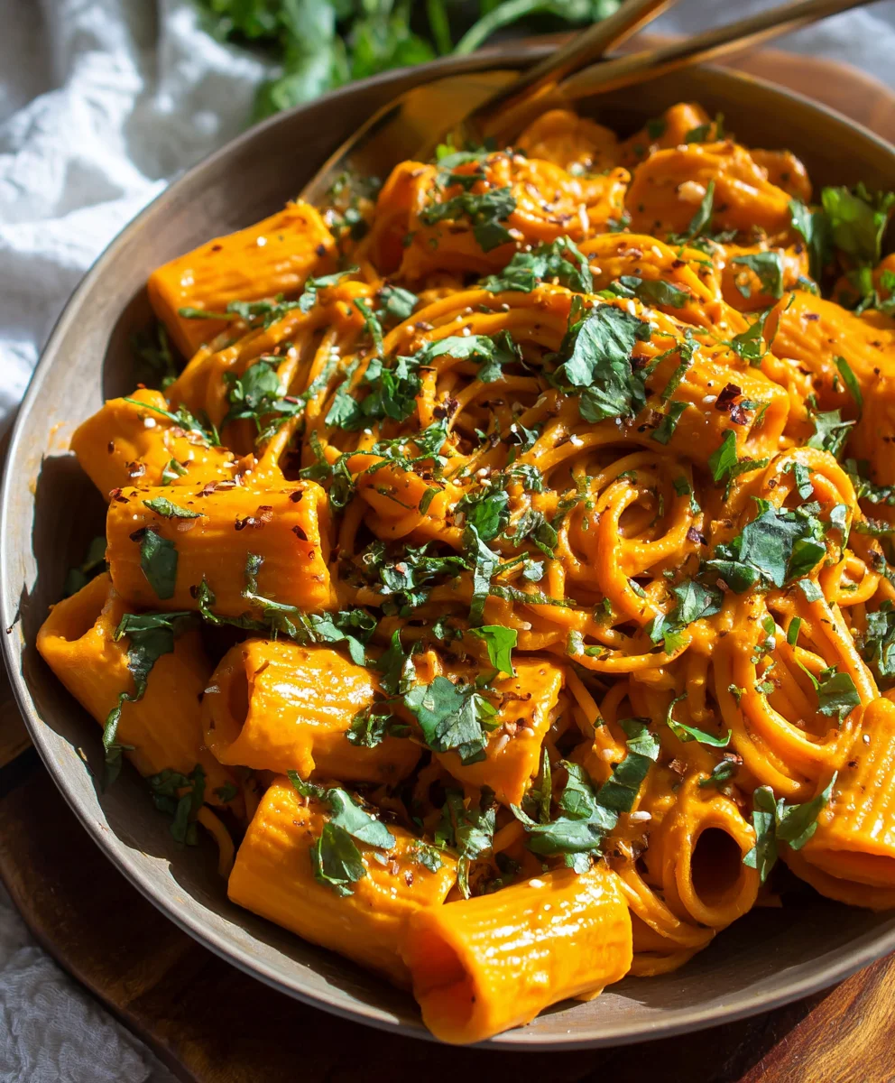 Spicy Vegan High Protein Sweet Potato Harissa Pasta
