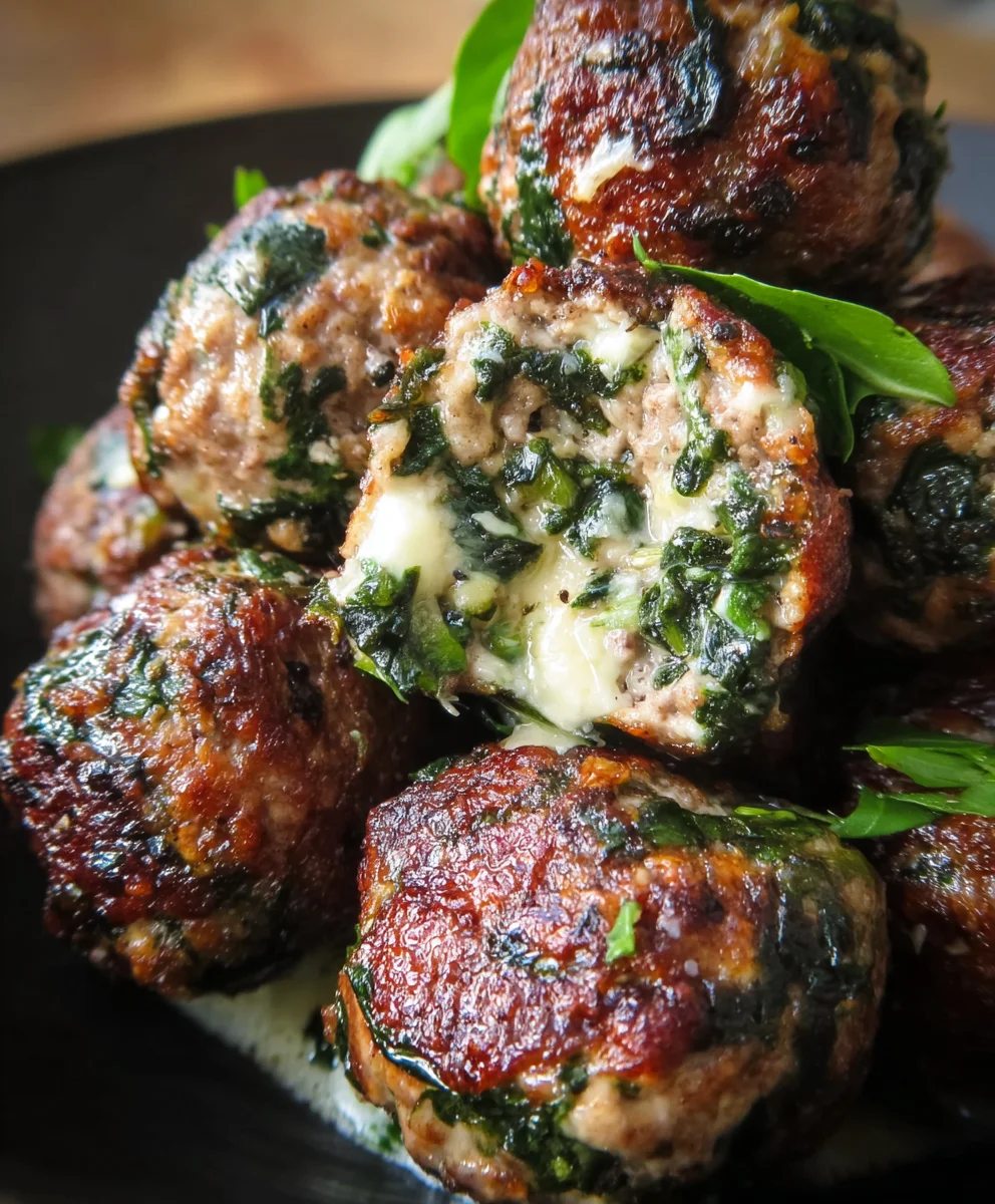 Delicious Spinach Garlic Meatballs Stuffed with Mozzarella