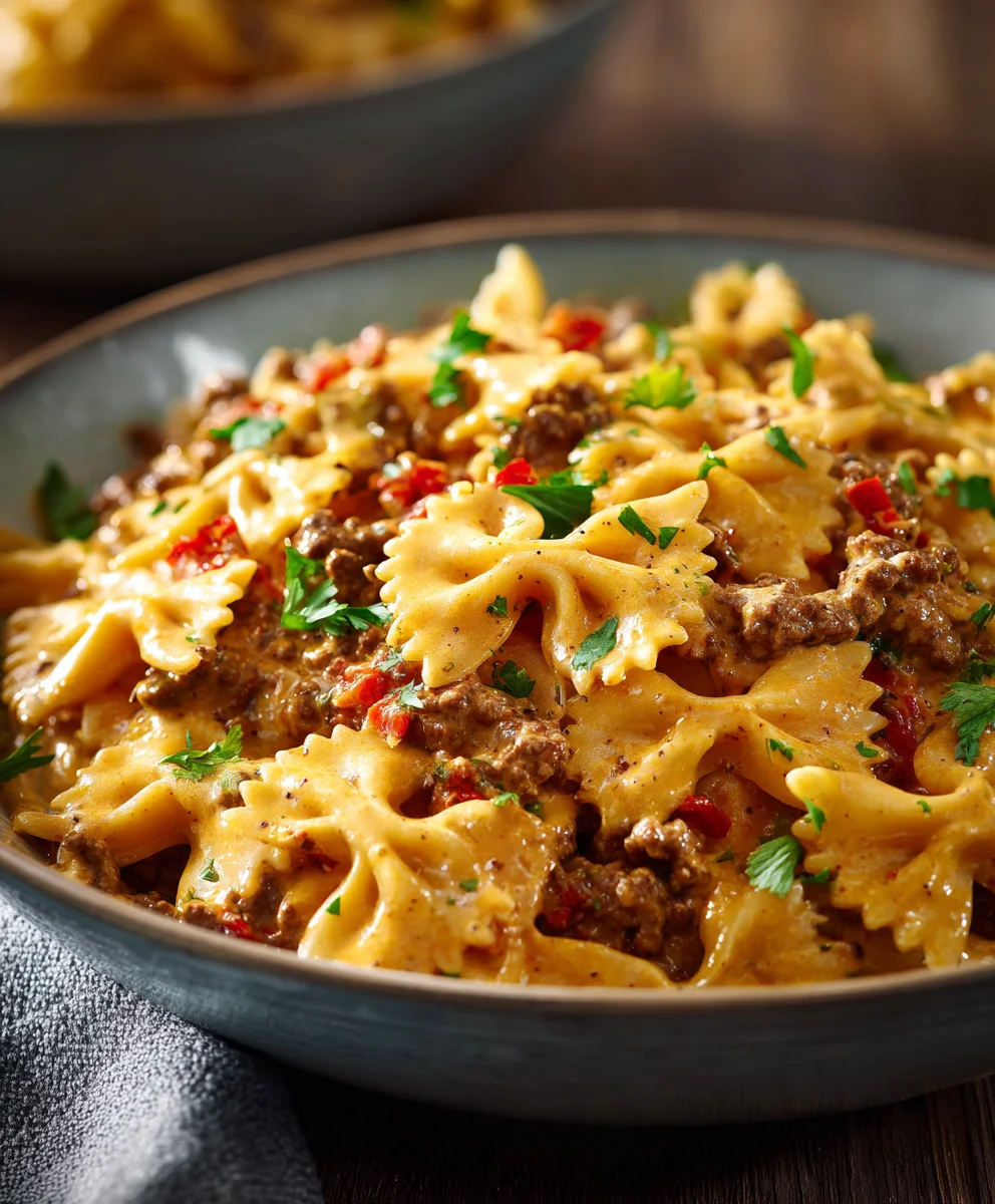 Quick Creamy Velveeta Beef Bowtie Pasta for Dinner