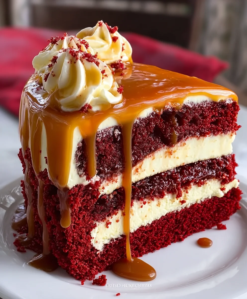 Decadent Red Velvet Cheesecake Cake with Caramel Drizzle
