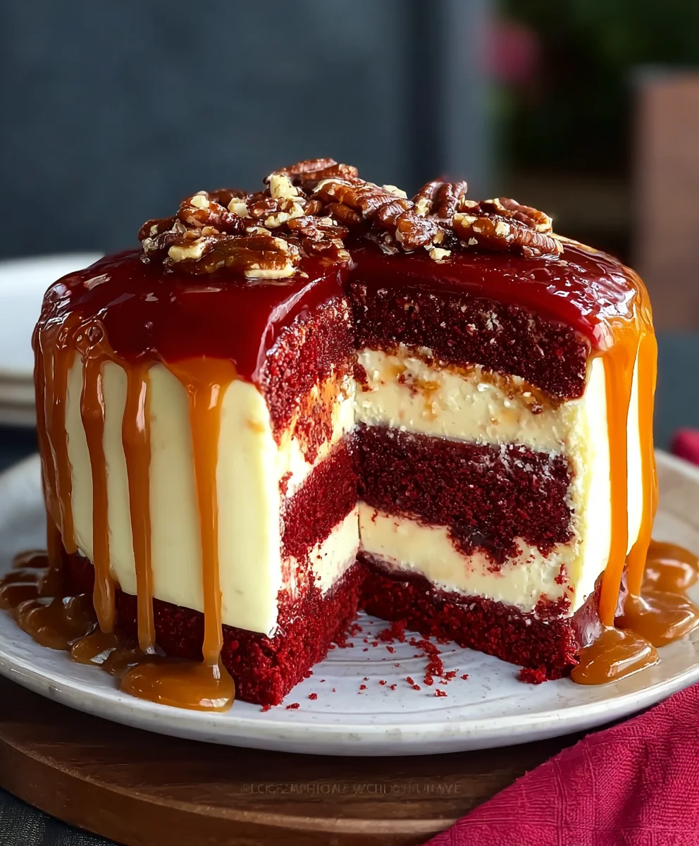 Decadent Red Velvet Cheesecake Cake with Caramel Drizzle