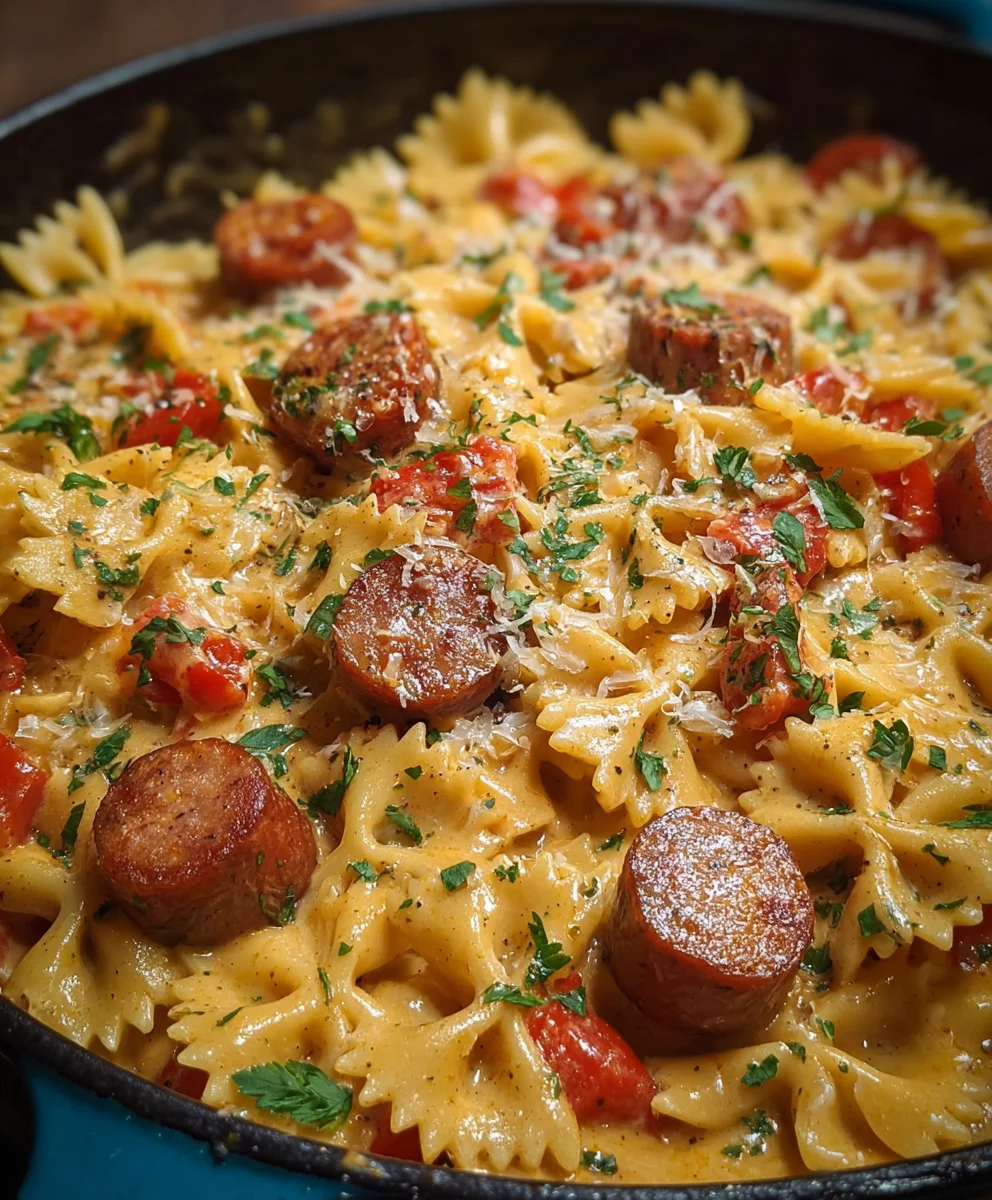Easy One Pot Cheesy Smoked Beef Sausage Bowtie Pasta