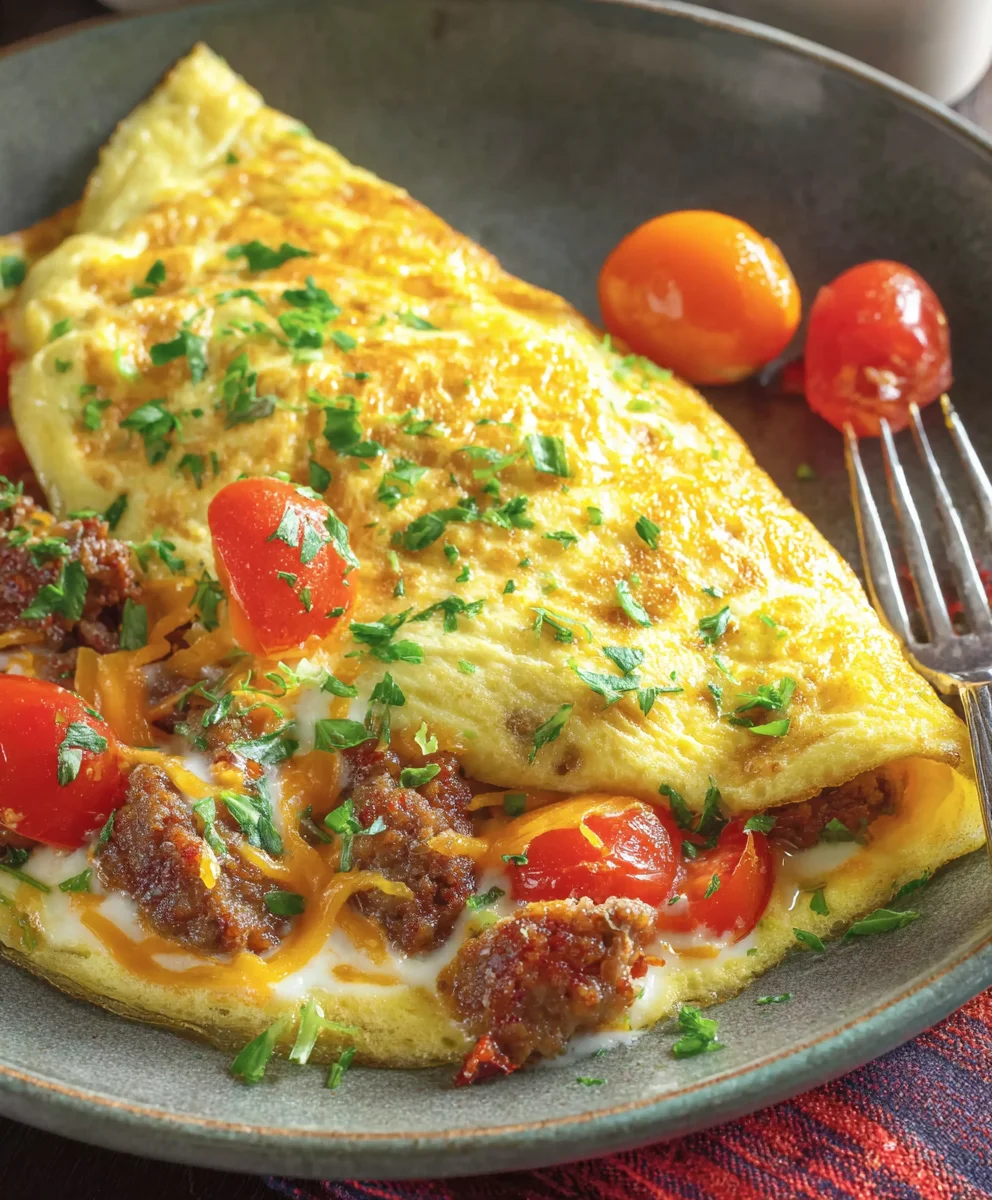 Delicious Beef Sausage Tomato & Cheese Omelet Recipe