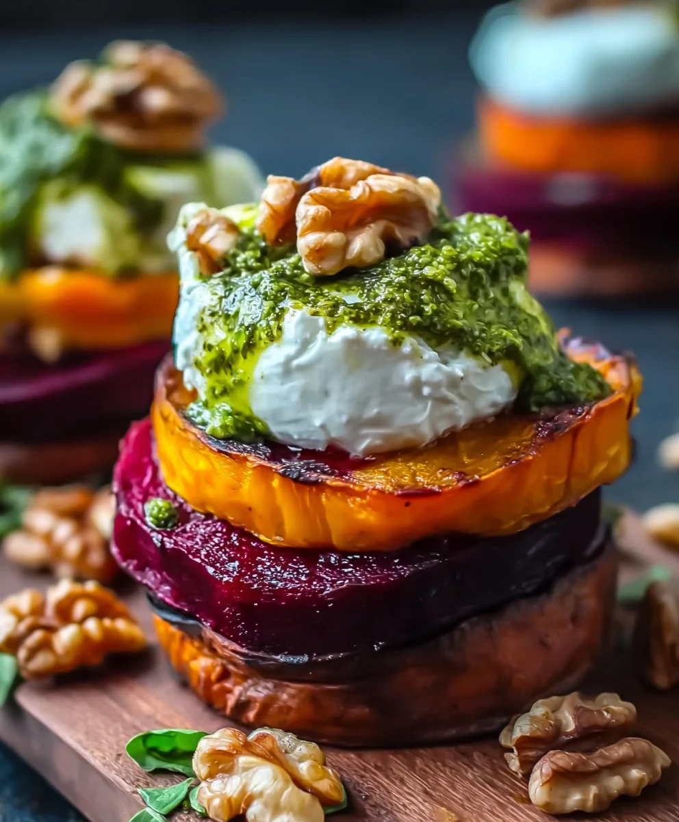 Sweet Potato Beet Stacks with Pesto Burrata & Walnuts