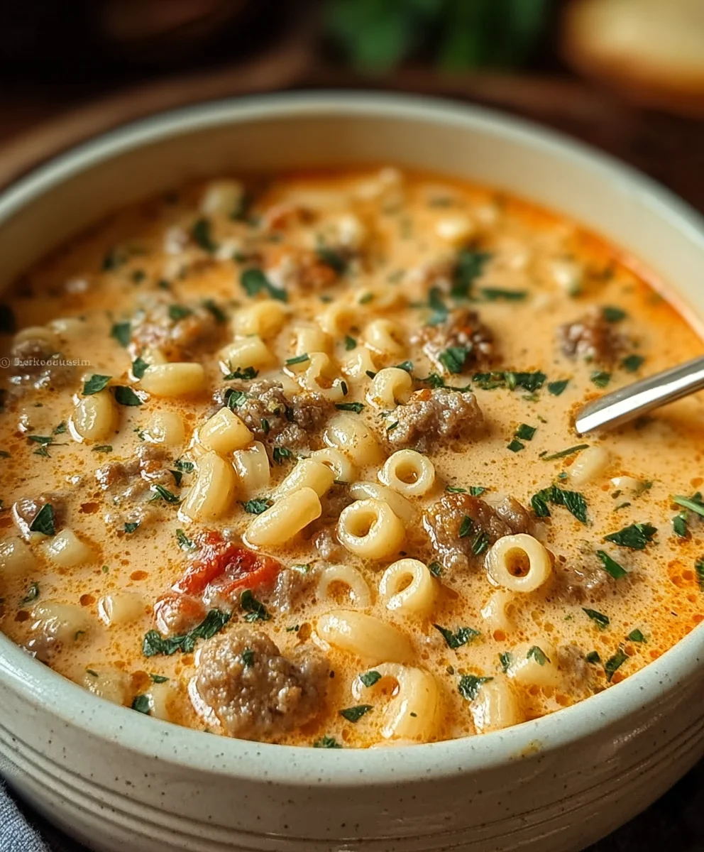 Hearty Creamy Parmesan Beef Italian Sausage Ditalini Soup