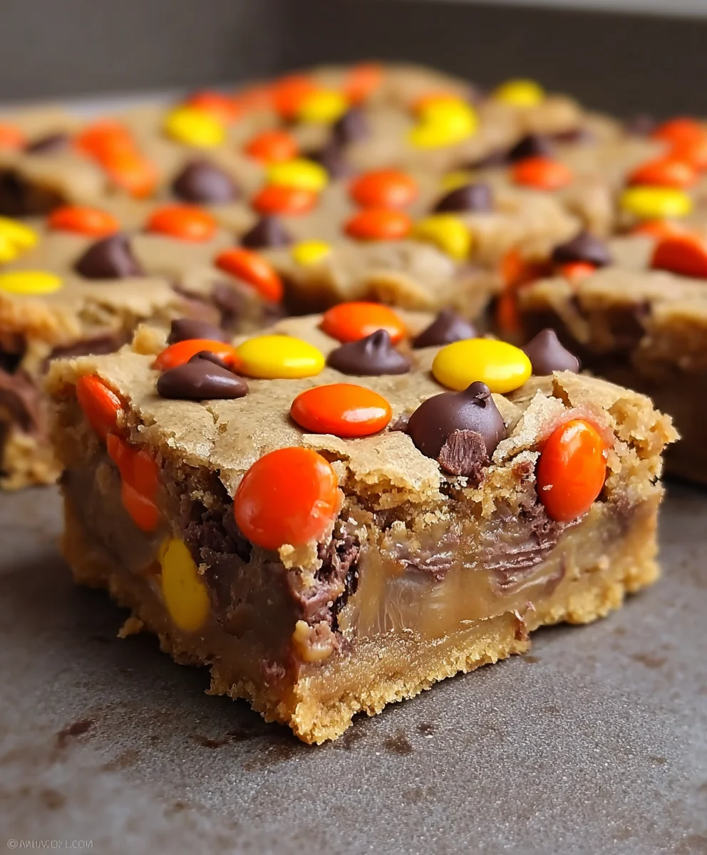 Ultimate Reeses Pieces Chocolate Chip Cookie Bars!
