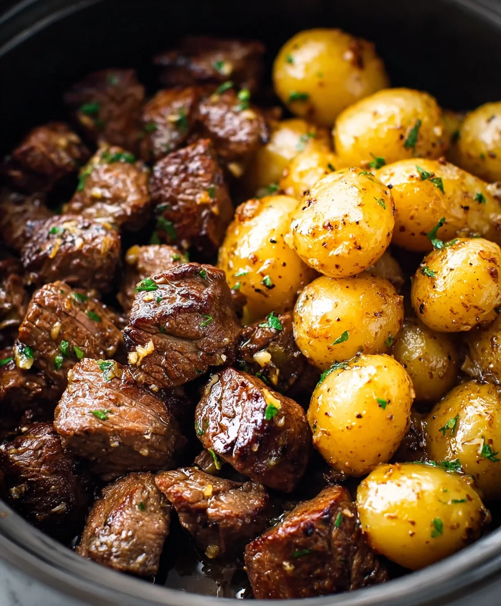 Easy Slow Cooker Garlic Butter Beef Bites with Potatoes