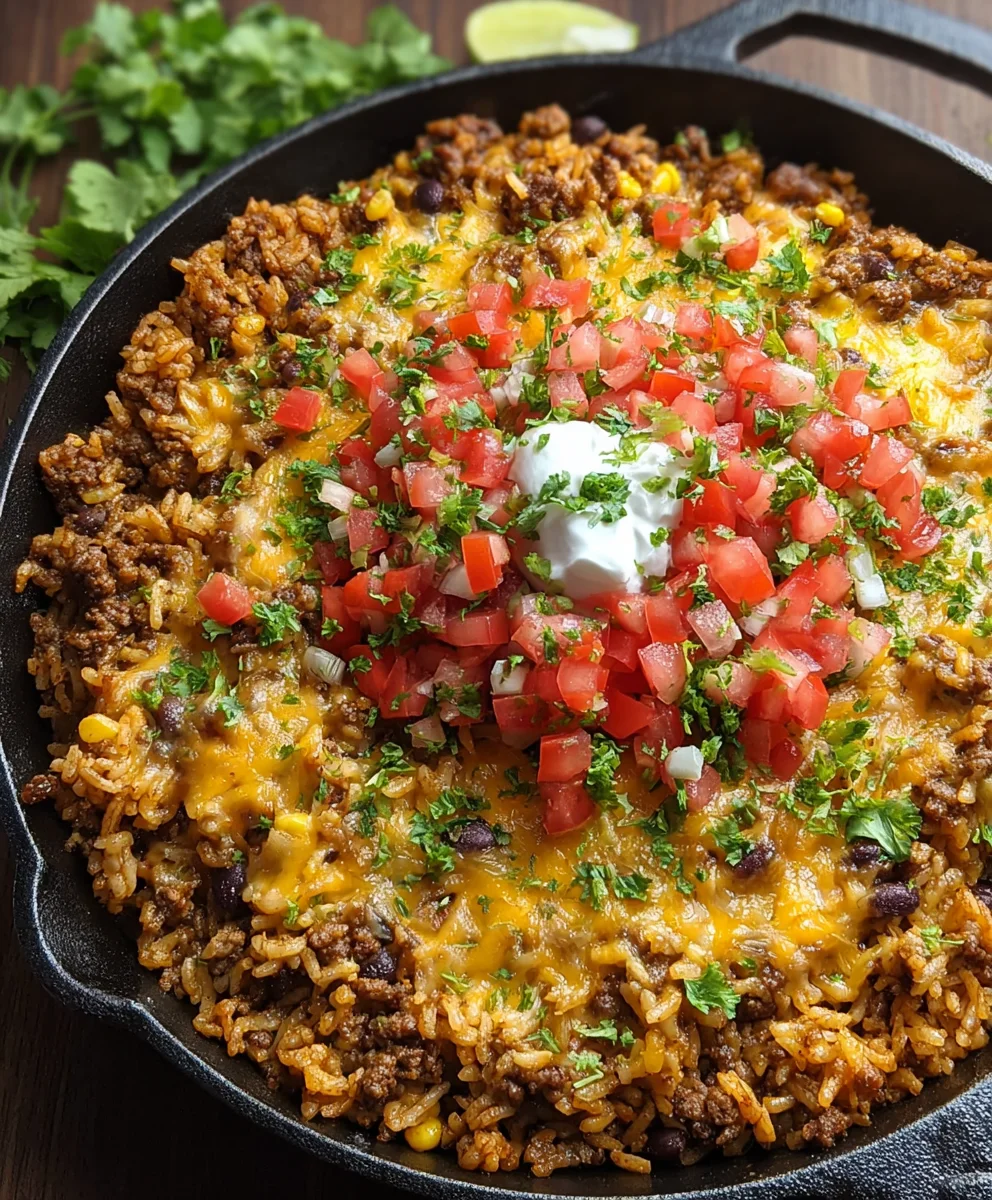 Easy Cheesy Beef Taco Rice Skillet Dinner
