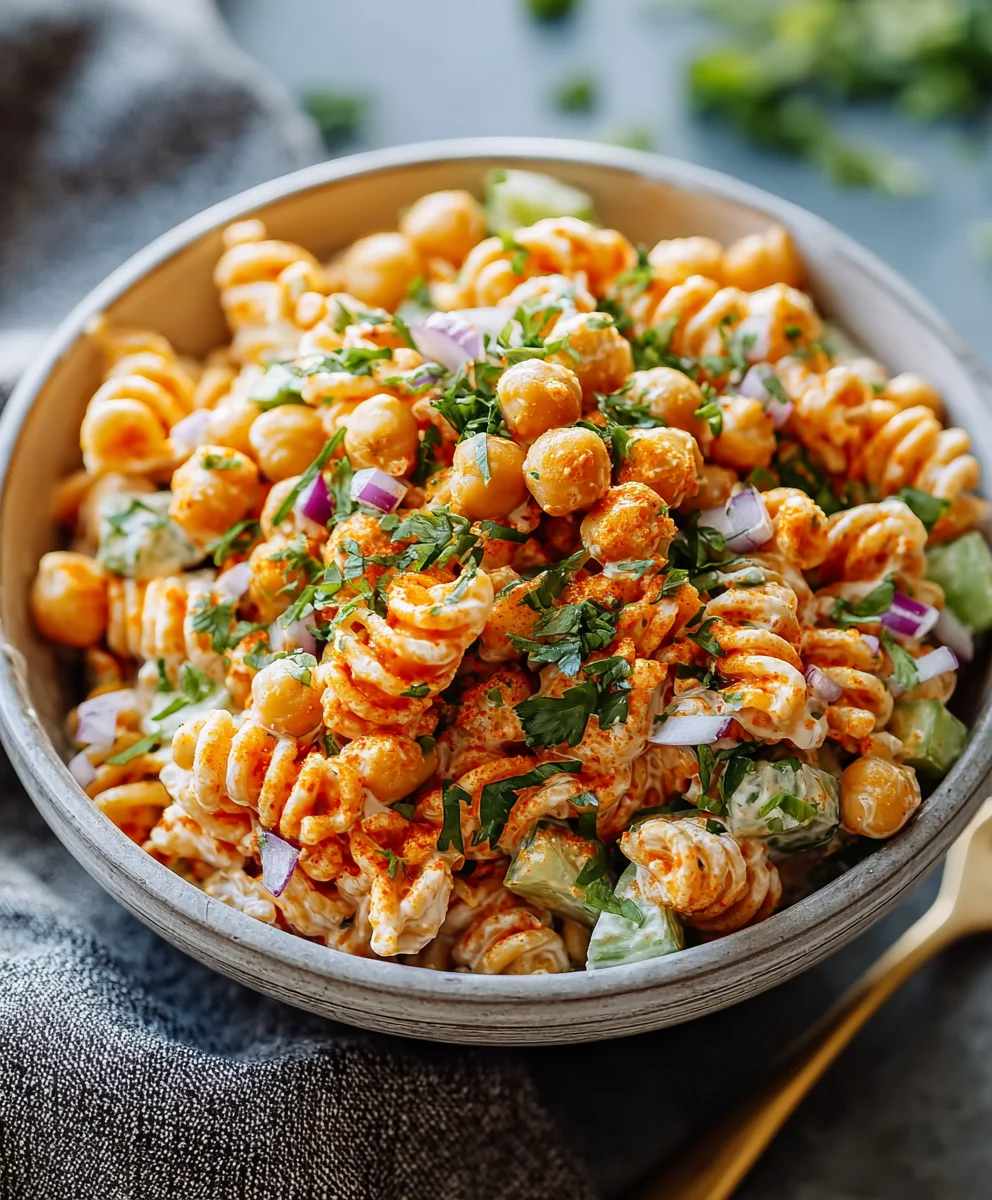 Spicy Buffalo Chickpea Pasta Salad-Easy & Delicious