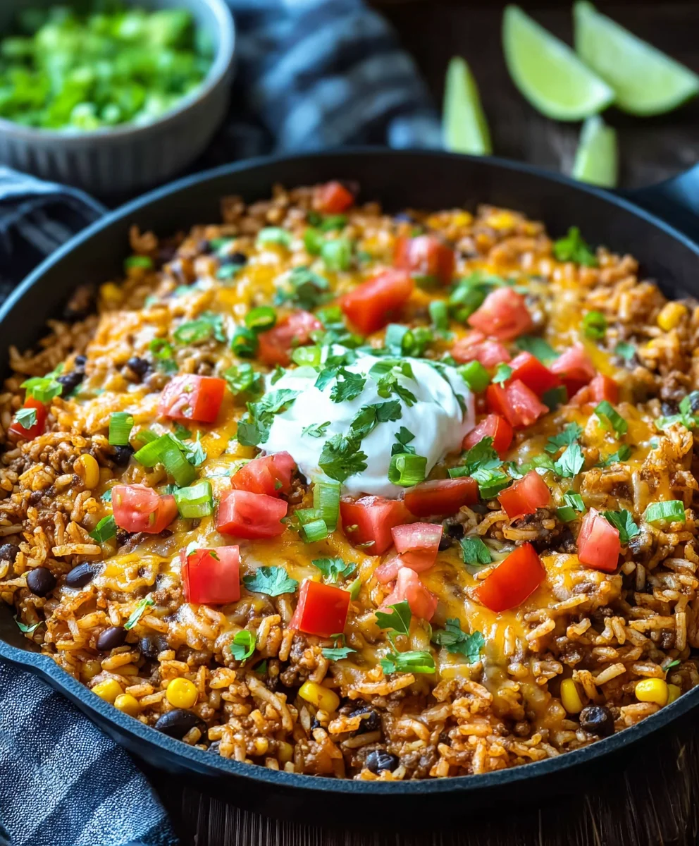 Cheesy Beef Taco Rice Skillet-Quick & Easy Dinner