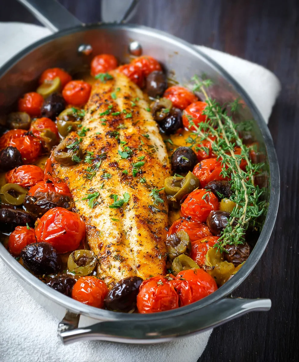 Easy Baked Fish Cherry Tomatoes Olives Recipe