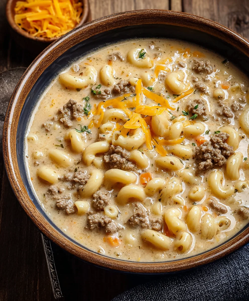 Cheeseburger Macaroni Soup-Creamy Beef Comfort
