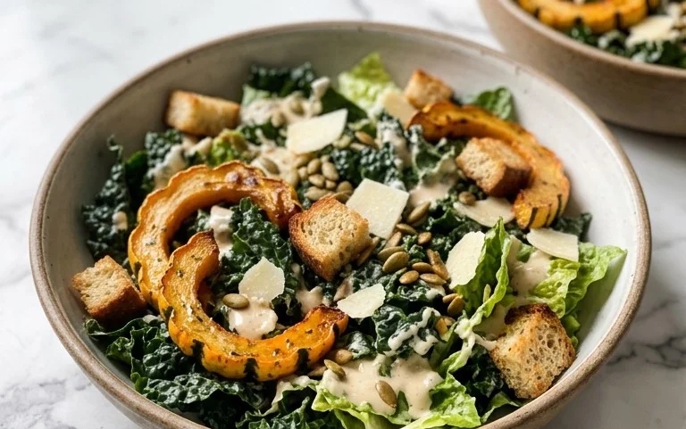 Autumn Caesar Salad with Roasted Delicata Squash Croutons